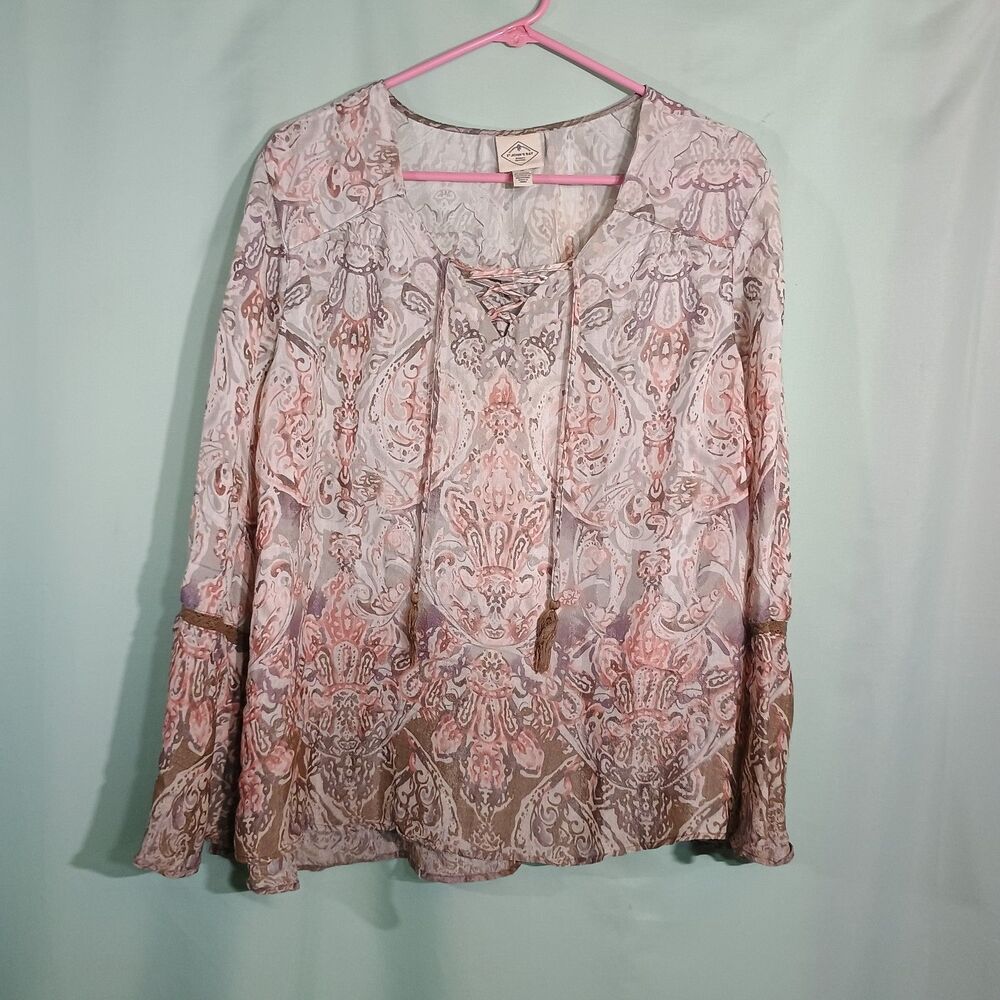 Women’s Blush Pink Paisley Peasant Blouse – Lace-Up Tassel Long Sleeve Top
